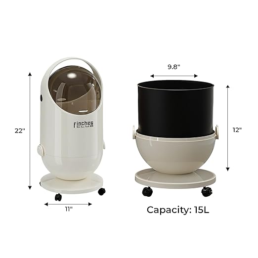 FINCHESCLUB Trash Can with Rolling Lid Small Waste Basket with Removable Wheels Modern Garbage Can for Home Office Bathroom Kitchen Decor - 15L / White