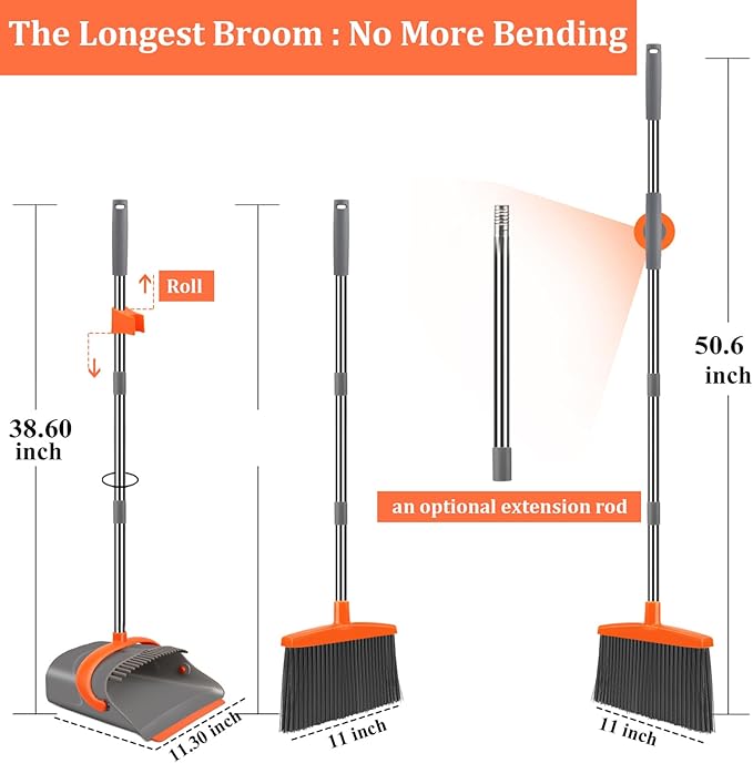 Broom and Dustpan Set for Home Broom and Dustpan Combo for Office Long Handle Broom with Upright Standing Dust panIndoor&ampOutdoor Sweeping (Gray&ampOrange)