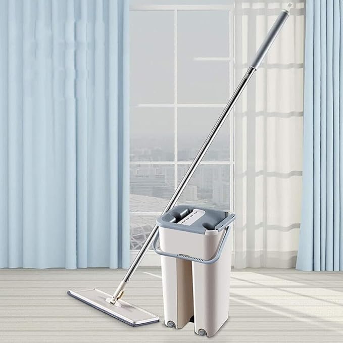 Flat Floor Mop and Bucket Set with Self-Wringing System Microfiber Pads for Hardwood &amp Tile Cleaning