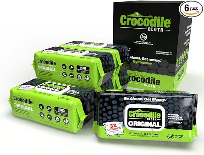 Crocodile Cloth Original Cleaning Wipes 600 Count (6 Packs of 100) – Heavy-Duty 15” x 10” Multi-Surface Shop Wipes Water-Based Safe on Skin Cuts Grease Grime &amp Dirt
