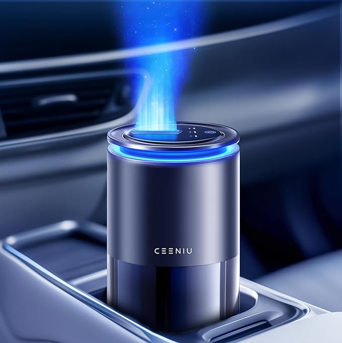 Ceeniu Smart Car Air Freshener New Car Smell Scent Enlarged Spray Nozzle Advanced Ultrasonic Diffuser CF12 Pro Auto On/Off Adjustable Mode 60-Day Powerful Battery Ambient Light Lasts 4 Months