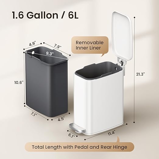 Cesun Slim Bathroom Trash Can with Lid Soft Close 6L/1.6 Gallon Stainless Steel Small Garbage Can with Foot Pedal and Removable Inner Bucket Slim Wastebasket for Bathroom Office Toilet (White)