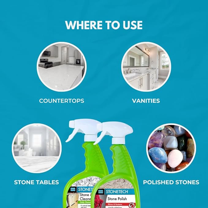StoneTech Stone &amp Tile Cleaner and Stone Polish Duo – Daily Cleaner &amp Polish for Granite Marble Quartzite Travertine – Removes Dirt &amp Restores Shine – 2 Microfiber Cloths – Fresh Scent