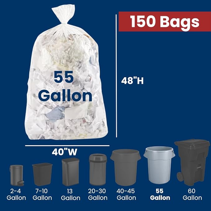 55 Gal Trash Bags | 150 Count | 36 X 60 Clear Extra-Large Garbage Bags for Big Jobs