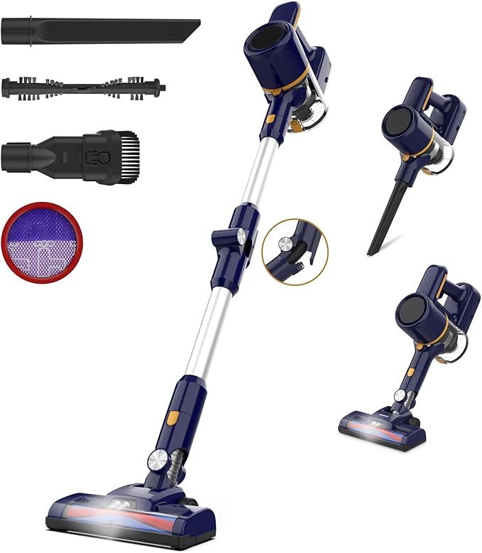 N7P Cordless Vacuum Cleaner 6 in 1 Powerful Stick Vacuum for Home 2200mAh Battery Vacuum Rechargeable Lightweight Vacuum Cleaners for Hardwood Floors Pet Hair (Navy)