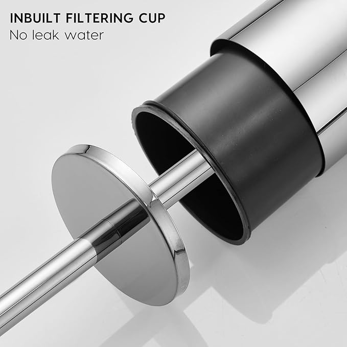 Toilet Brush and Brush Holder Stainless Steel No-Punch Hook Base Dual Purpose Toilet Brush Holder with Removable Inner Bucket and Splash Cover - Soft Bristles (Chrome)