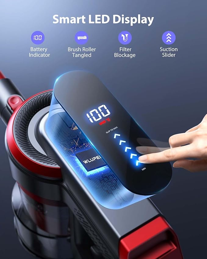 WLUPEL Cordless Vacuum Cleaner 38kPa Stick Vacuum Cleaner 450W Powerful Handheld Vacuum with LED Touch Display 55mins Runtime for Pet Hair Carpet and Hardwood Floor(Hero 8S)