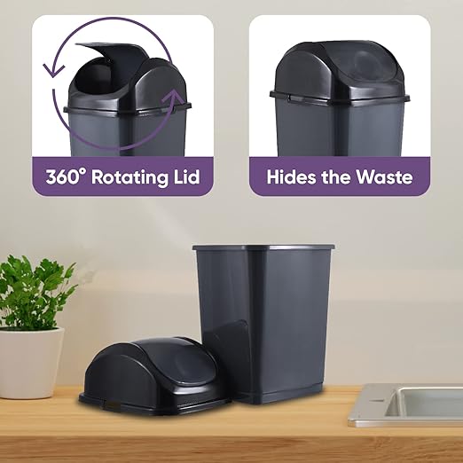 Superio Mini Desktop Trash Can with Swing Top Lid Portable Plastic Garbage Can for Countertop Desktop Make up Vanity Bathroom Car Under Sink Dorm Compact Waste Bin 5 L 1.25 Gal (2 Grey)