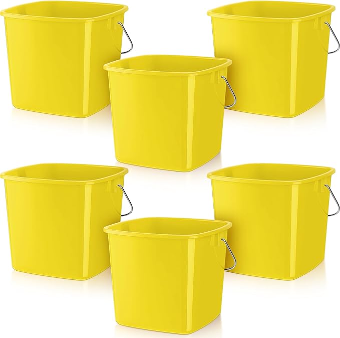 Zhehao 6 Pcs 3 Quart Bucket for Cleaning Small Sanitizer Bucket for Restaurant Square Plastic Pail with Handles for Home Offices Commercial Use Food Service(Yellow)