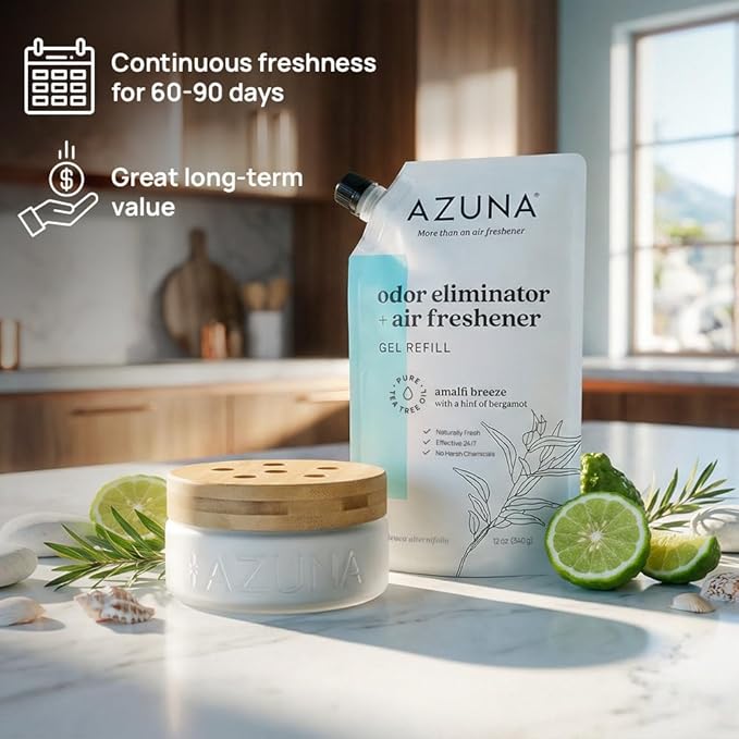 Azuna Air Freshener &amp Odor Eliminator for Strong Odor | 2 Room Kit Includes (2) 8 oz. Empty Luxe Glass Jars &amp 12 oz | Refill with Tea Tree Essential Oil Gel | Amalfi Breeze | Last 60-90 Days