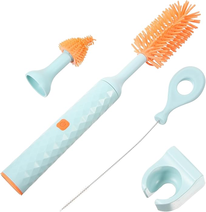 ERINGOGO Electric Bottle Brush Set with Silicone Nipple Cleaner 360° Rotatable Detachable Milk Bottle Cleaning Tool for Feeding Blue 3pcs Kit
