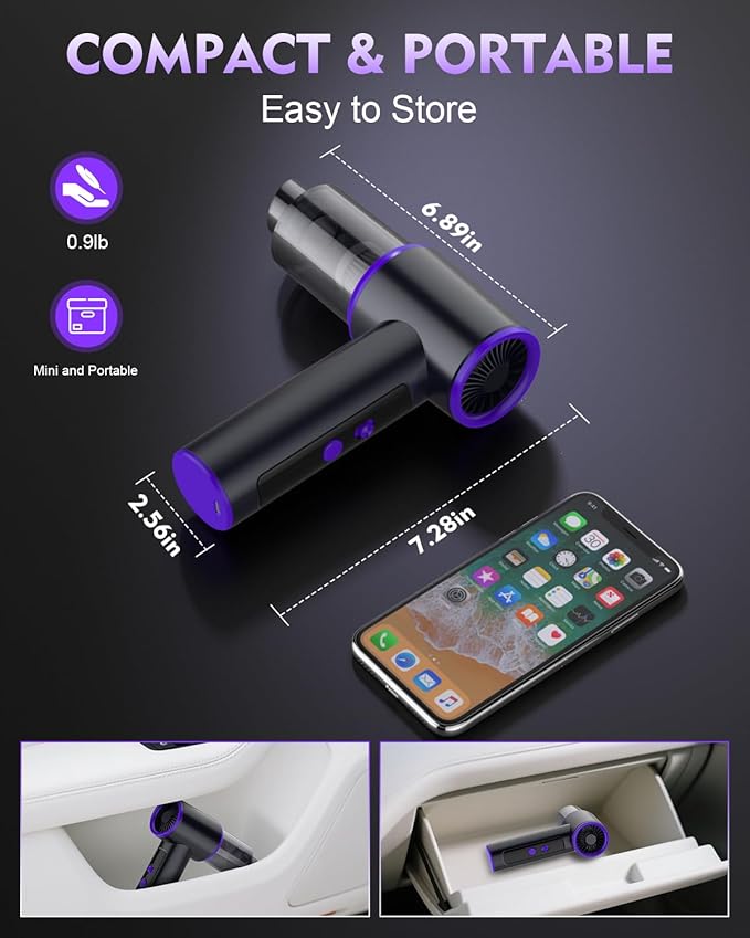 100-Speed Stepless Adjustable Mini Vacuum Cleaner: 16000PA Strong Suction Cordless Hand Held Car Vacuum and Air Duster with Digital Display Keyboard Vac for Sewing Machine Home Office Pet Hair