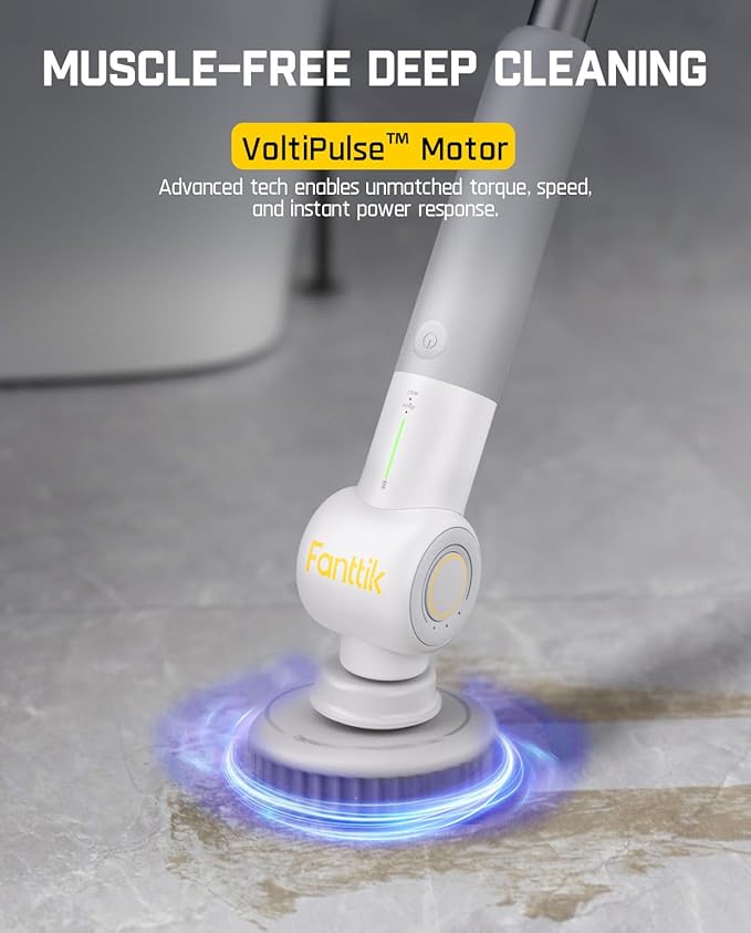 Fanttik Flip G9 Pro Electric Scrubber VoltiPulse Motor Dual-Speed Cleaner with 6 Brush Heads Adjustable Angle &amp Extendable Handle IPX7 Waterproof Type-C Charge for Bathroom Tile Grout - Whi