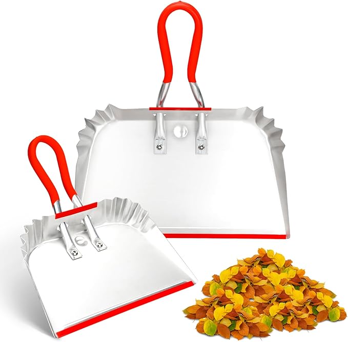 2 Pack Metal Dust Pan 17 and 12 Aluminum Heavy Duty Dust Pans with Non-Slip Rubber Handle Large and Small Dustpan Set Lightweight for Sweeping Garage Leaf Household &amp Outdoor Cleaning