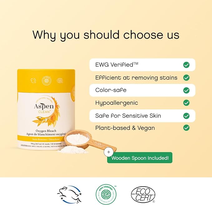 AspenClean | Unscented Oxygen Bleach Powder | Color Safe Laundry Stain Remover | Bleach Alternative | EWG Verified™ Hypoallergenic Non-Toxic | 45 Loads