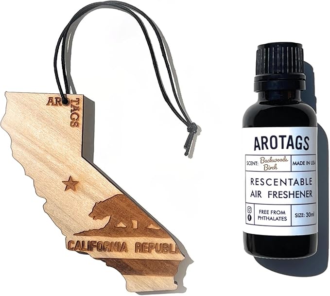 Arotags California Wooden Car Air Freshener - Long Lasting Backwoods Birch Scent Diffuses for 365+ Days - Includes Hanging Mirror Diffuser and Fragrance Oil - 100% American Made