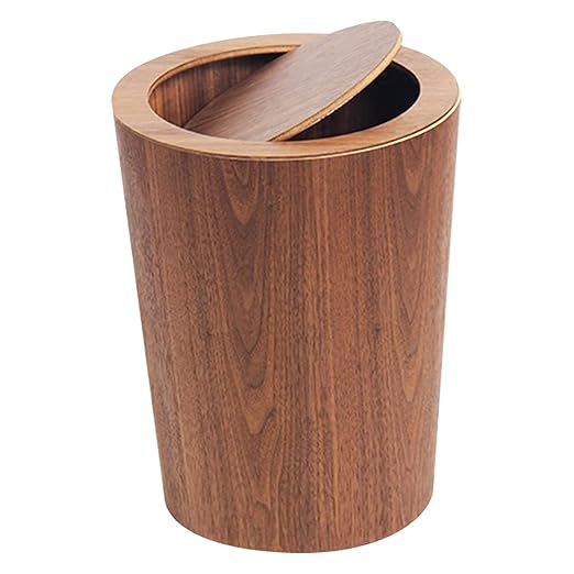 Modern Round Trash Can with Lid - Wood Grain Waste Basket in Walnut - 9.25x7.5x11.8 Swing Top Small Trash Can - Decorative Small Garbage Can for Bedroom Living Room Office &amp Bathroom