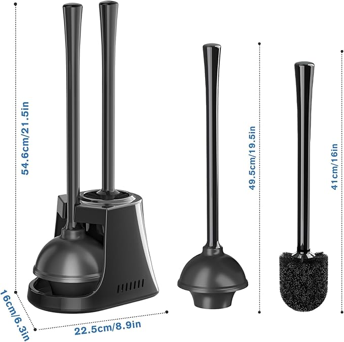 Toilet Plunger and Brush 2 Pack Bowl Brush and Heavy Duty Toilet Plunger Set with Ventilated Holder 2-in-1 Toilet Brush and Plunger Combo for Bathroom Cleaning (Black)