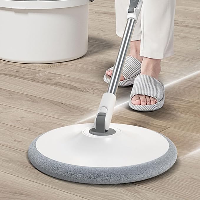Rotary Mop with Sewage Separation and Free-Hand Wringing Gray-White Handle Round Absorbent Microfiber Head for Laminate and Hardwood Floor Cleaning at Home