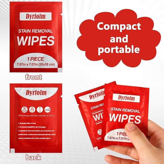 200 Pack Stain Remover WipesIndividual Wrapped Wipes for ClothesMini Travel Stain Removal WipeCleaning Wipesfor Clothes Fabric laundry StainTableclothCar Seats Upholstery
