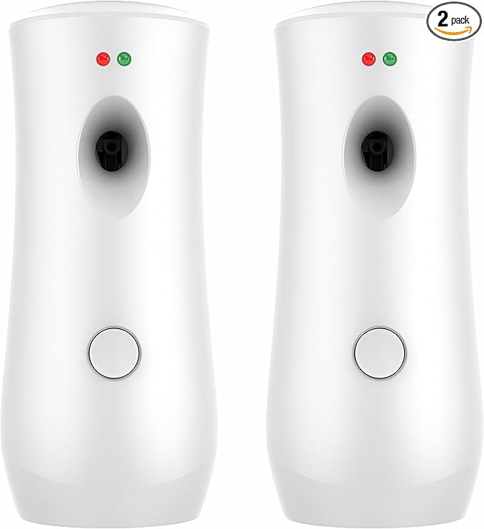 Automatic Air Freshener Spray Dispenser (2-Pack) White Wall Mounted or Free Standing Battery Operated Sprayer for Home or Commercial Use 3 Auto Scent Release Time Settings for Room/Bathroom Freshness