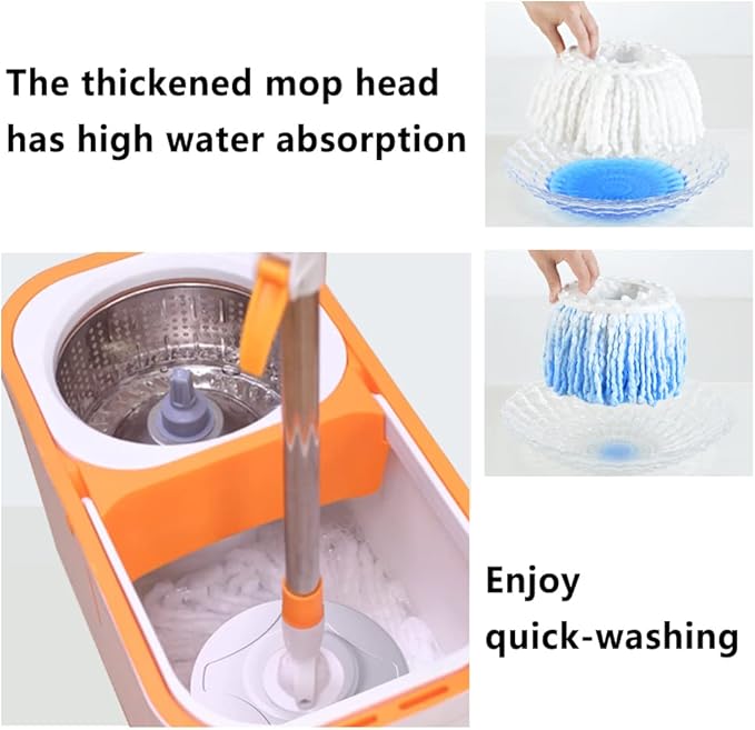 Floor Spin Mop and Bucket Set with Wringer System Extended Stainless Steel Handle 61for Home Floor Cleaning Use with 5 Replacement Head Refill and 1 Cleaning Brush Head