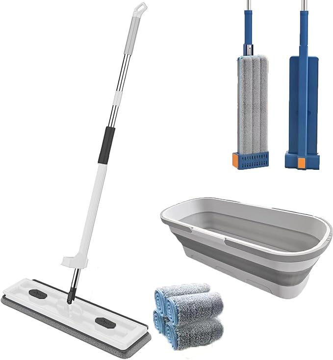 JDIV Streamline Mop Streamline Flat Mop 2026 Large Flat-Mop and Bucket System Self Wringing 360 Flat mop Wet and Dry Use (White)