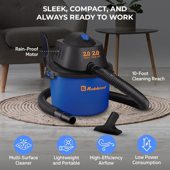 Koblenz WD-2L Portable Wet Dry Vacuum 2-Gallon 2 PHP Suction Plus Blower Vacuum Cleaner for Liquids Dust Pet Hairs 10' Reach Ideal for Home Car Garage Shop Accessories Included Blue/Black