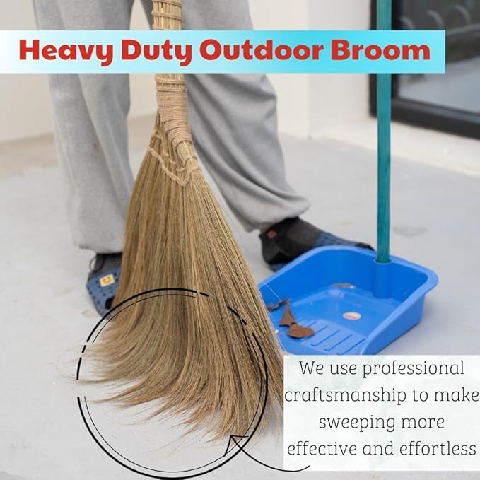 Outdoor Broom for Floor Cleaning 43.3'' Length Heavy-Duty Natural Grass Broom for Sweeping Concrete Courtyard Garage Patio Indoor Home Kitchen Office Lobby