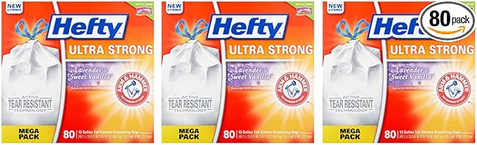 Hefty Ultra Strong wfjcF Trash Bags Tall Kitchen Drawstring 13 Gallon Lavender Sweet Vanilla 80 Count (3 Pack)