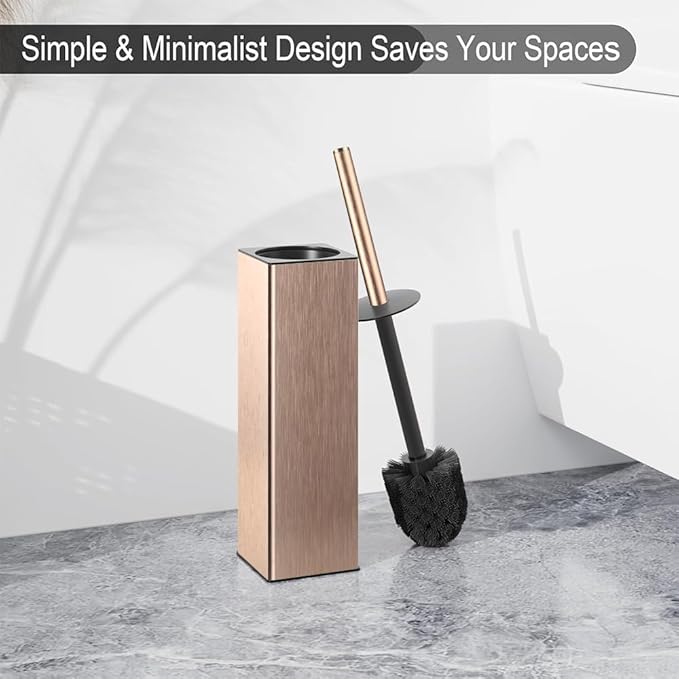 BGL Standing Toilet Brush and Holder Rose Gold Aluminium Toilet Bowl Cleaner Brush and Holder for Bathroom Storage and Organization Square Design Sturdy and Space Saving