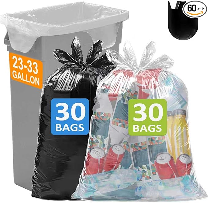 23-33 Gallon 1.2 Mil Heavy Duty Trash Bags 60 Count with 4 Innovative Flap Ties | Compatible with Rubbermaid Brute &amp Winco &amp Behrens 30-33 Gallon Round Trash Can Black 30 Count &amp Clear 30
