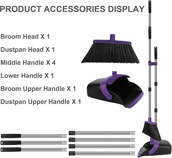 Broom and Dustpan Set Large Household Dustpans and Broom with 55 Inch Long Handle Pueple Broom with Dustpan Combo Set for Home