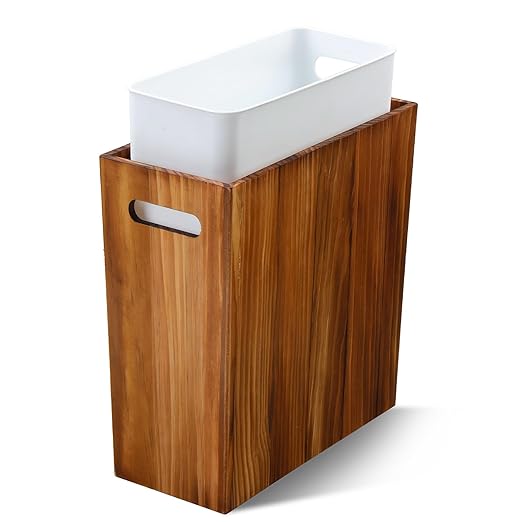 3 Gallon Wooden Trash Can with LinerSmall Solid Wood Bathroom Trash CanNarrow Garbage CanDecorative Waste Basket for BathroomBedroomOffice