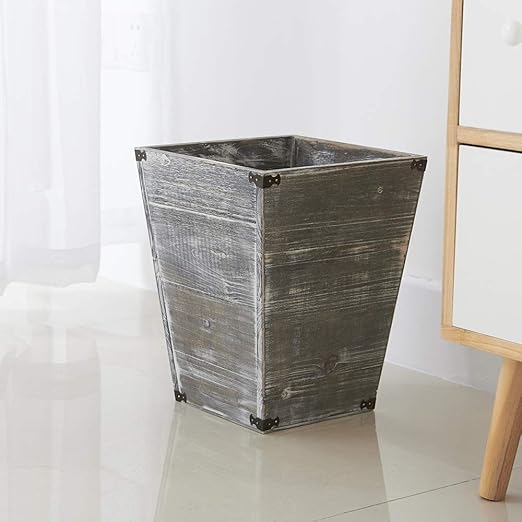 VERGOODR Gray Farmhouse Style Torched Wood Square Waste Bin with Decorative Metal Brackets Trash Can for BedroomLiving Room Bathroom &amp Office
