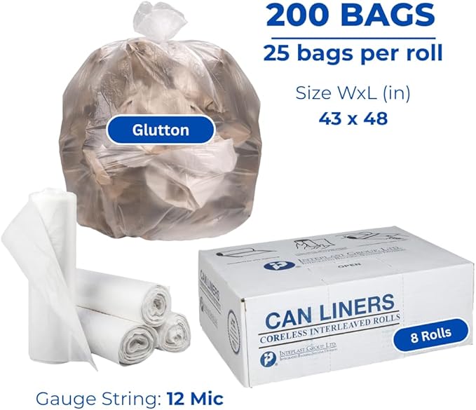 Inteplast Group S434812N 48 Length x 43 Width x 12 Mic Thickness Natural Color HDPE Commercial Coreless Institutional Trash Can Liner Case of 8 Roll 25 Bags per Roll