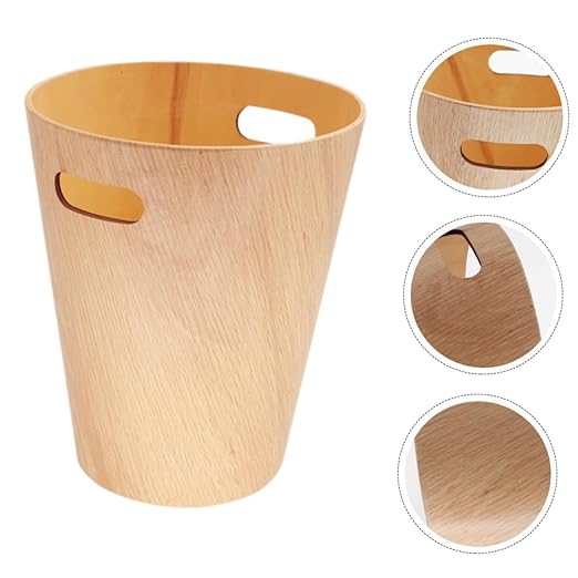 Elegant Wooden Storage Bucket Trash Can Lid Desk Garbage Bin Table Wastebasket for Home Office