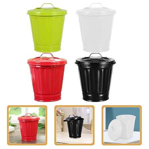 4pcs Cute Desktop Trash Can Lid Small Multi-Functional Wastebasket for Bedroom Kitchen Office Stylish Rubbish Bin for Home Decor Pen Container Plant Holder