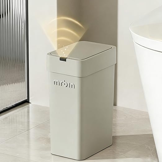 MRBIN Motion Sensor Bathroom Trash Can with Lid 9L/2.4gal Automatic Plastic Slim Covered Electric Waste Basket Narrow Rectangle Garbage Bin Under Desk for Small Office Bedroom Kitchen Rv Gray