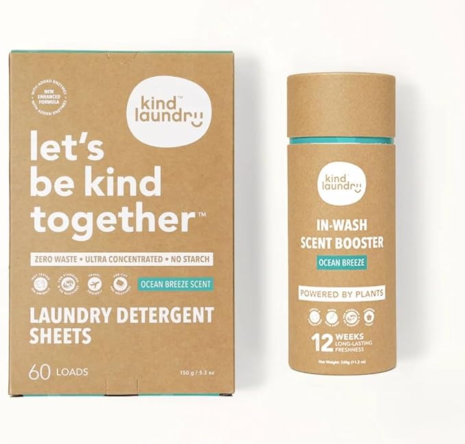Kind Laundry In Wash Scent Booster Beads and Detergent Sheets - Ocean Breeze - 100% Plant Based - Natural Laundry Booster Beads &amp Detergent Sheets - Environment Friendly Odor Eliminator (60 Loads)