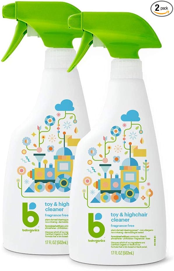 Babyganics Toy &amp Highchair Cleaner Spray Fragrance Free 17oz Spray Bottle Made without ammonia bleach phosphates phthalates or dyes Pack of 2.