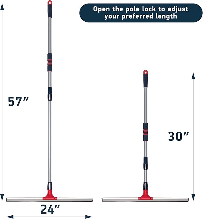 DSV Standard Professional Floor Squeegee for Concrete Floor 24 Large Heavy Duty Squeegee for Floor Squeegee Broom for Floor with Telescopic Handle 30”–57” for Tiles Garage Deck Bathroom Window