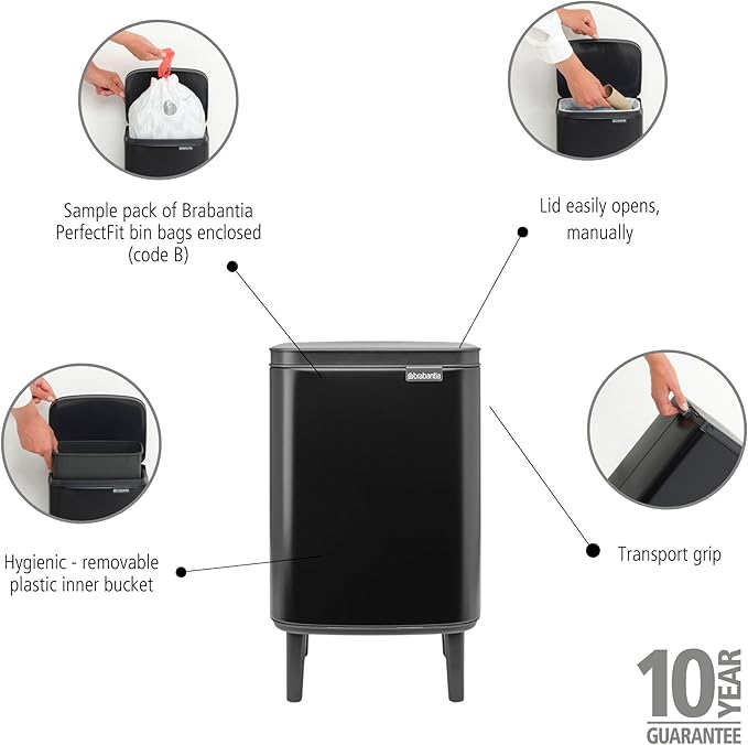 Brabantia Bo Small Lift-Open Trash Can with Raised Legs | 1.8 Gal / 7L | Matt Black | Free Standing Bedroom Bathroom Nursery Trash Can Removable Inner Bucket Non-Slip Feet | + Trash Bags