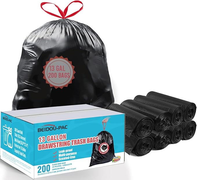 13 Gallon Trash Bags Drawstring 200 Count Bulk Black &amp Unscented Garbage Bags Multi-purpose Tall Kitchen Trash Bags Can Liners for Business Home Commercial and Industrial