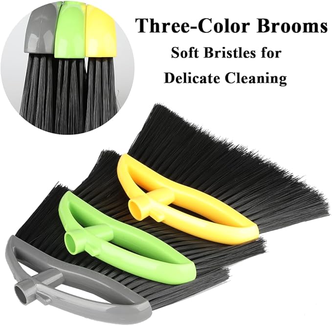 3 Pack Soft Bristle Angle Broom for Floors - Wide Indoor Heavy Duty Broom with 38-53.5 Adjustable Handle Kitchen &amp Restaurant Use for Hardwood Porch (Gray Yellow Green)