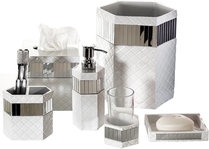 Creative Scents Quilted Mirror White Bathroom Accessories Set - Decorative 6 Piece Bathroom Set Includes: Trash Can Tissue Box Cover Soap Dispenser Toothbrush Holder Tumbler &amp Soap Dish