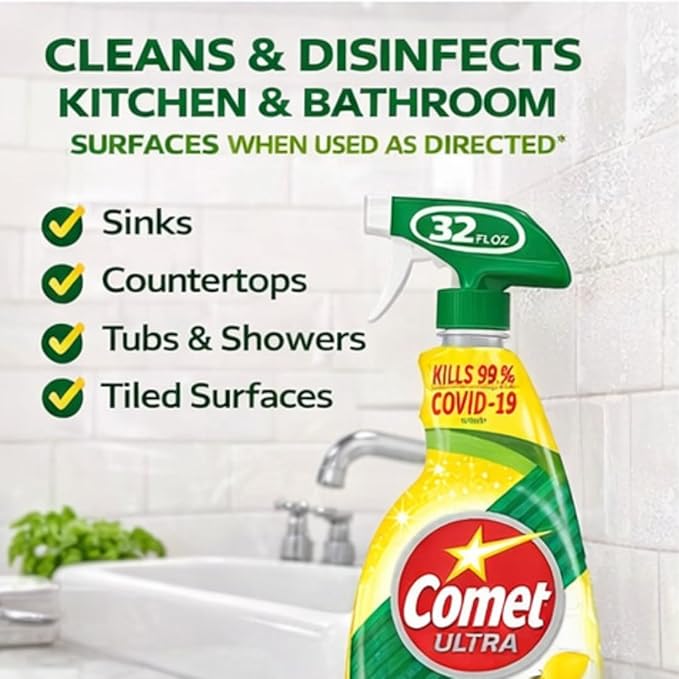 Comet Ultra All-Purpose Cleaner Spray with Bleach Disinfecting Bathroom &amp Kitchen Surface Cleaner Lemon Fresh Scent 32 fl oz (Pack of 2)