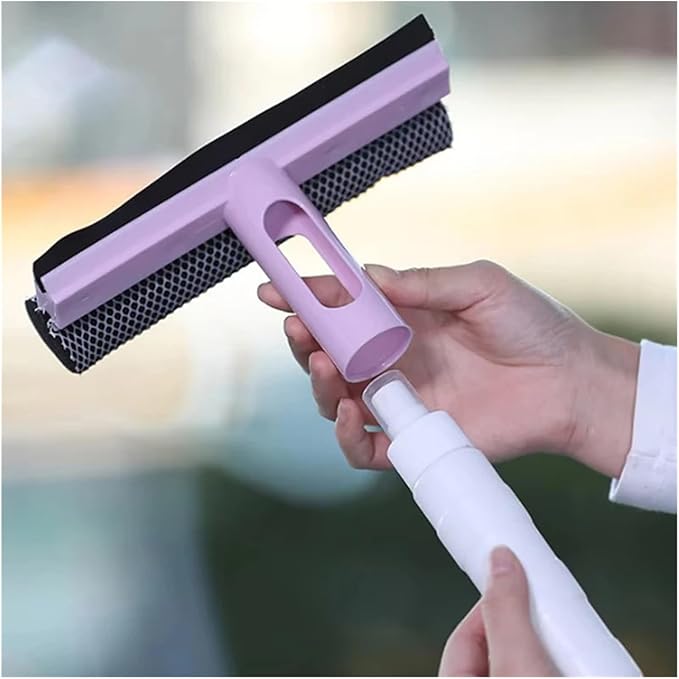 3 in 1 Window Cleaning Brush Glass Wiper for Bathroom Mirror with Spray Double-Sided Cleaner Squeegee(Pink)