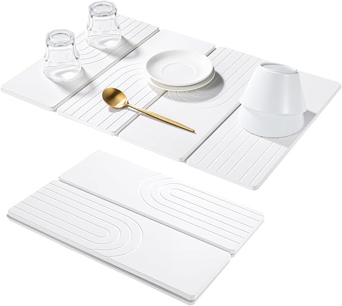 Large Stone Dish Drying Mat for Kitchen Counter Quick Dry Stone Dishes Mats 23.6(L)×15.4(W) Water Absorbing Diatomaceous Earth Drying Pad for Countertop Bottles Utensils Cups White