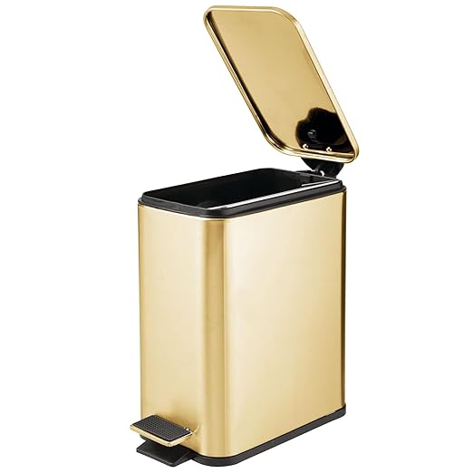 mDesign 1.3 Gallon Rectangular Slim Metal Trash Can w/ Foot Pedal Easy-Close Lid Narrow Wastebasket Garbage Container Bin - Bathroom Bedroom Kitchen Home Office Removable Liner- Soft Brass
